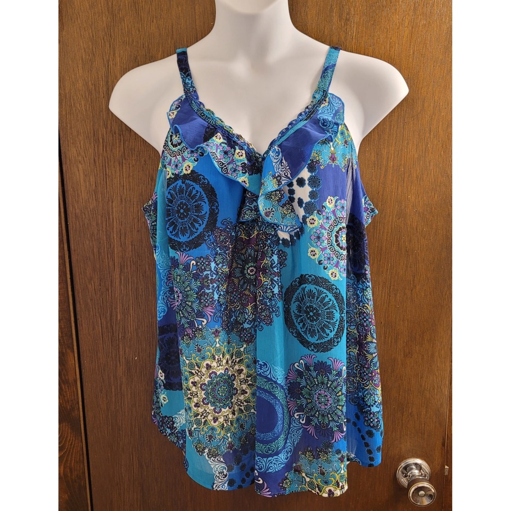 Avenue Blue Medallion Paisley Ruffle V-Neck Sequin Tank Top Plus Size 22/24